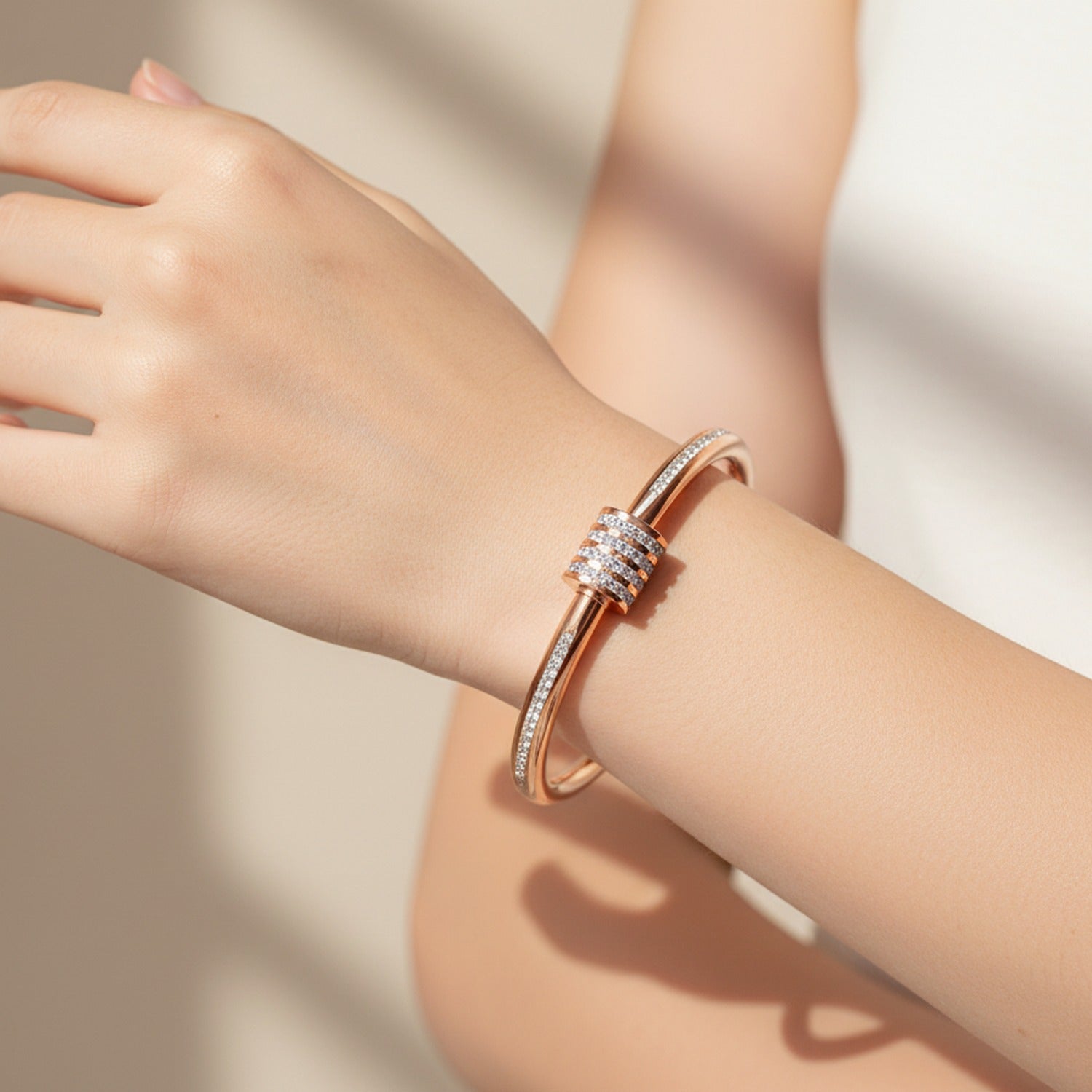 Rose Gold Rhinestone Bangle Bracelet With Charm
