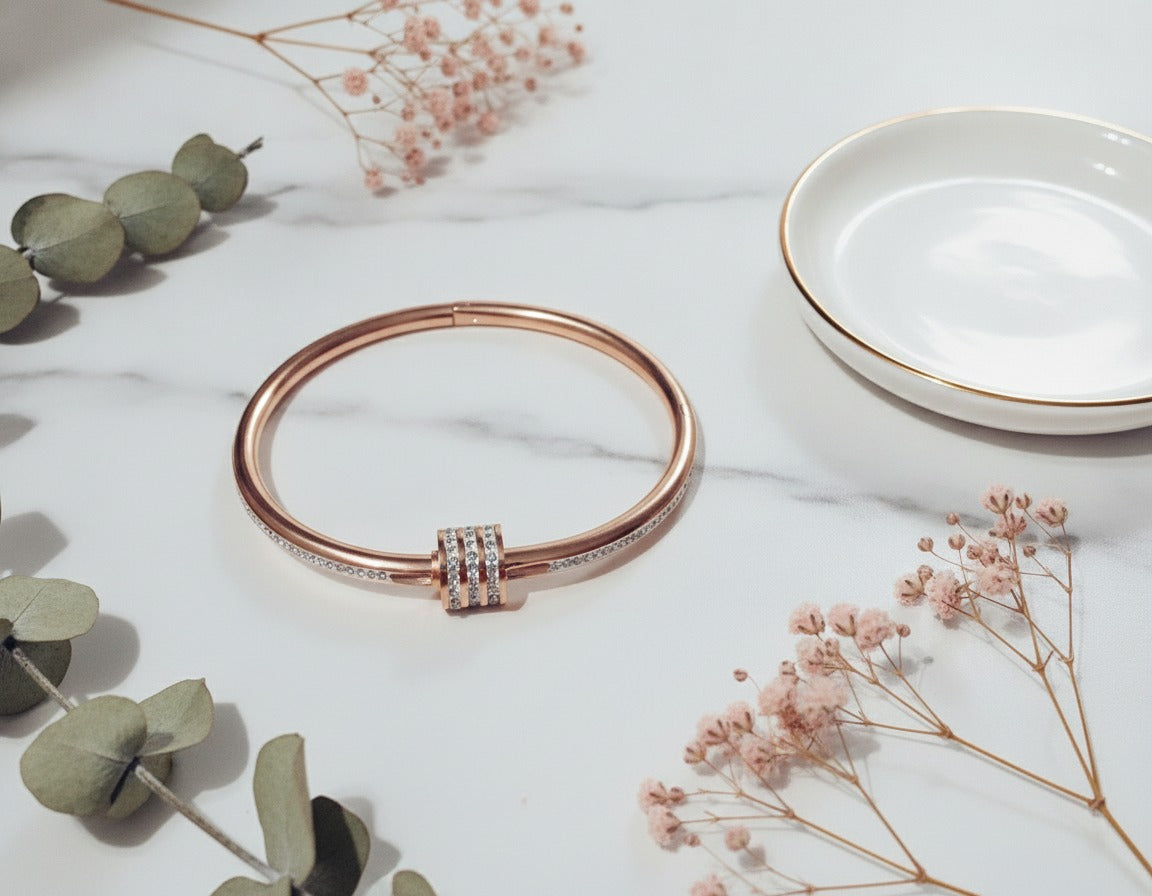 Rose Gold Rhinestone Bangle Bracelet With Charm