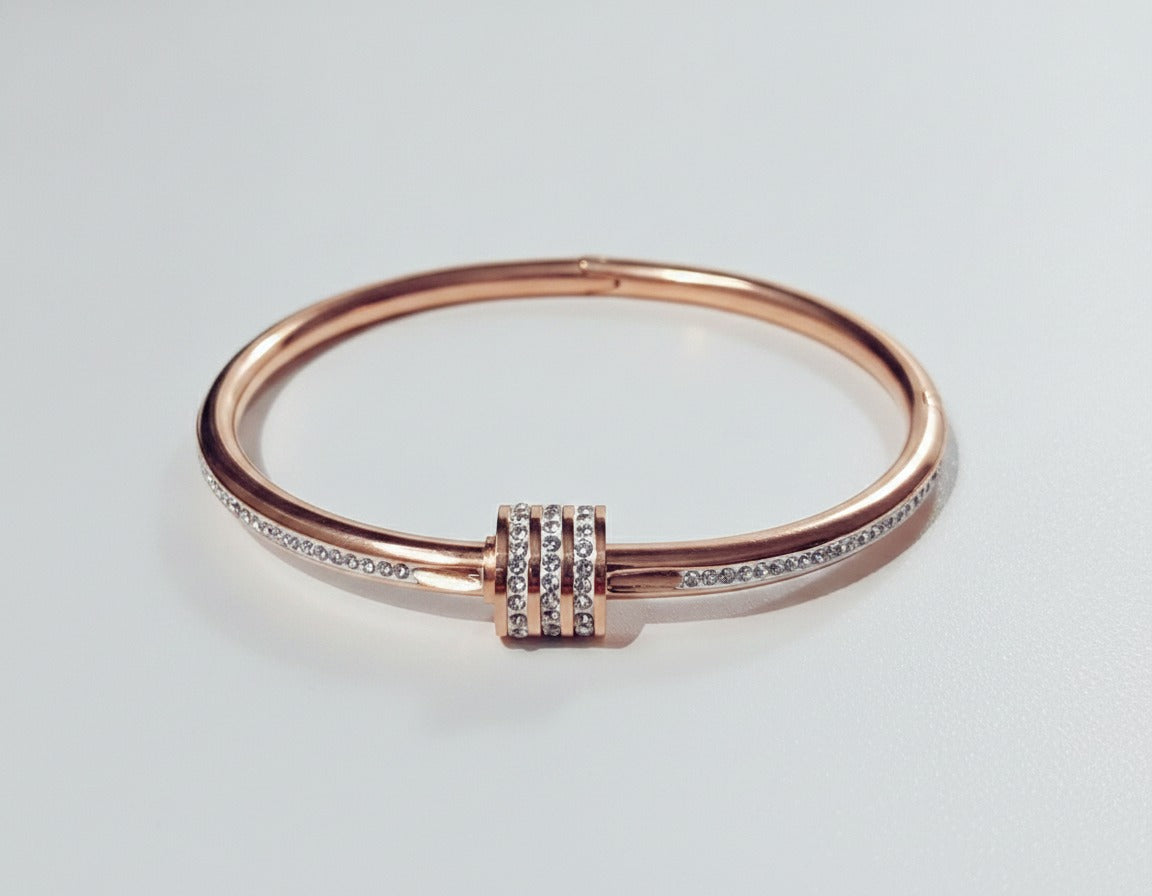 Rose Gold Rhinestone Bangle Bracelet With Charm