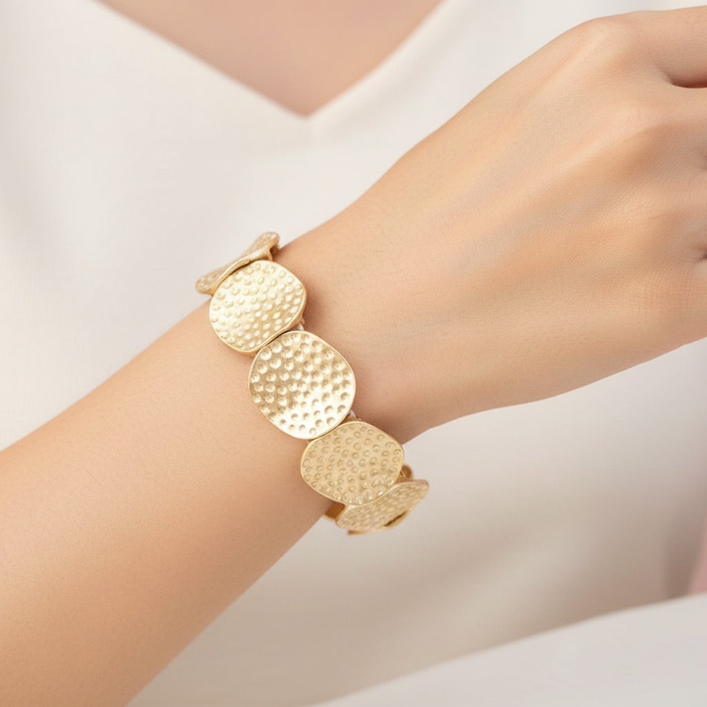 Gold Textured Disc Beaded Stretch Bracelet