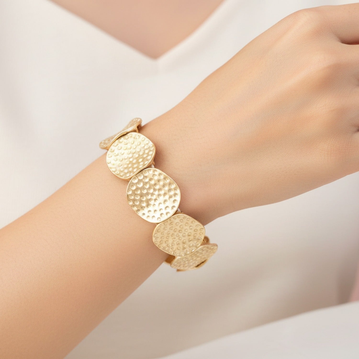 Gold Textured Disc Beaded Stretch Bracelet