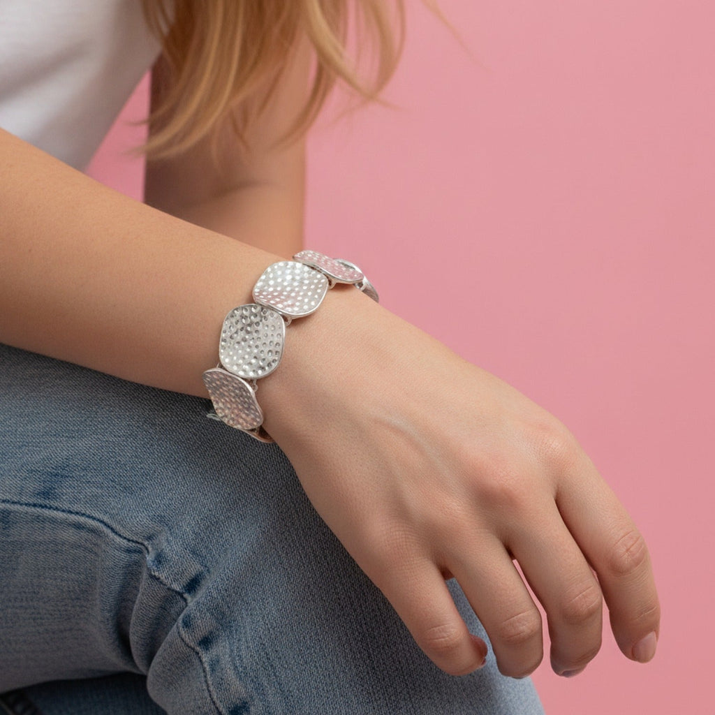 Textured Disc Beaded Stretch Bracelet - Bracelet Gold Round