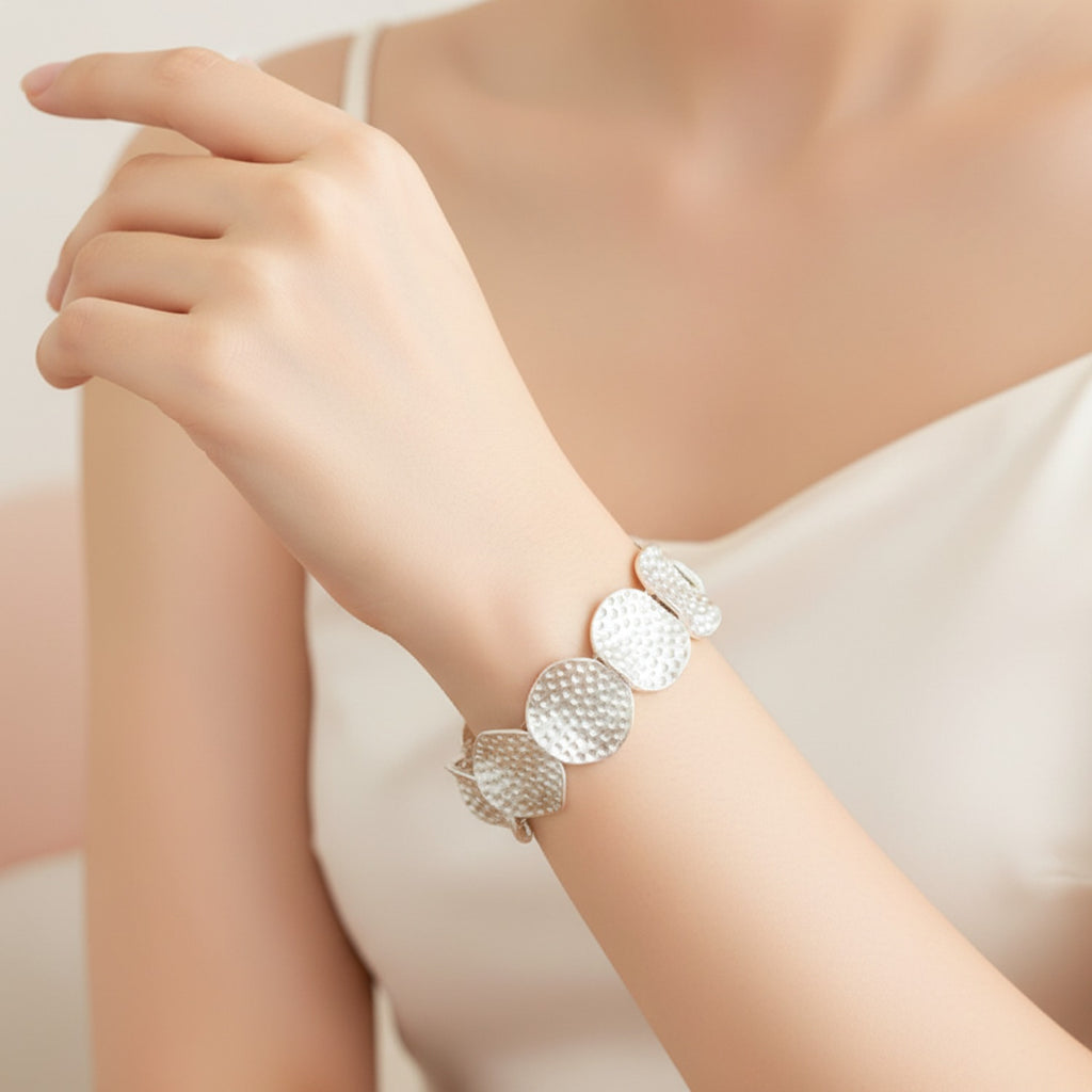 Textured Disc Beaded Stretch Bracelet - Silver Round Bracelet – jewelry (view 3)
