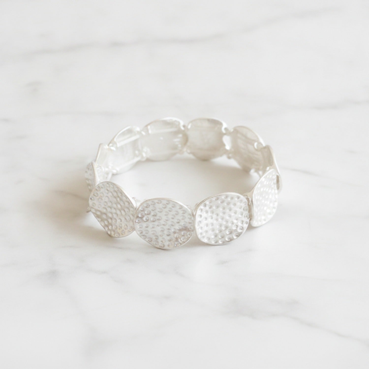 Textured Disc Beaded Stretch Bracelet - Silver Round Bracelet