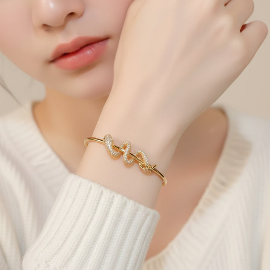 Rhinestone Twisted Open Cuff Bracelet - Bracelet - Gold Plated – jewelry (view 3)