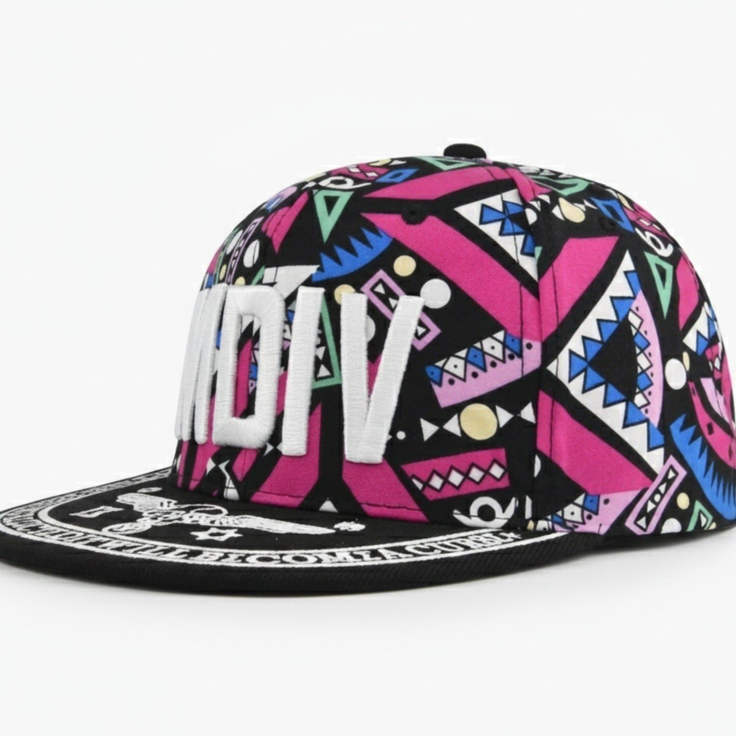 Geometric Snapback Cap With Embroidered Logo - Neon Geometric Pink – apparel accessories (view 1)