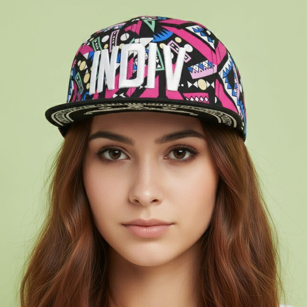 Geometric Snapback Cap With Embroidered Logo - Neon Geometric Pink – apparel accessories (view 3)
