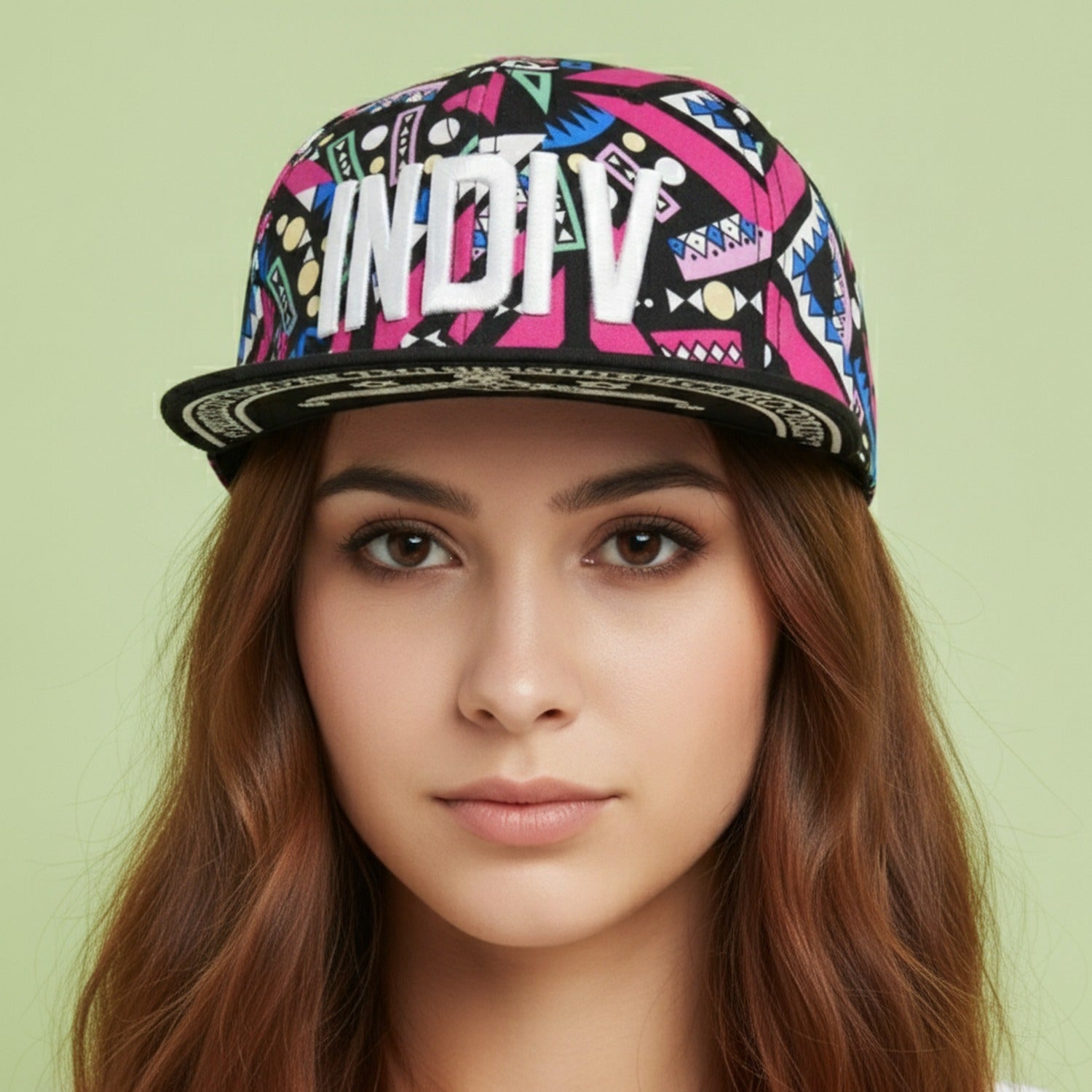 Geometric Snapback Cap With Embroidered Logo - Neon Geometric Pink – apparel accessories (view 3)