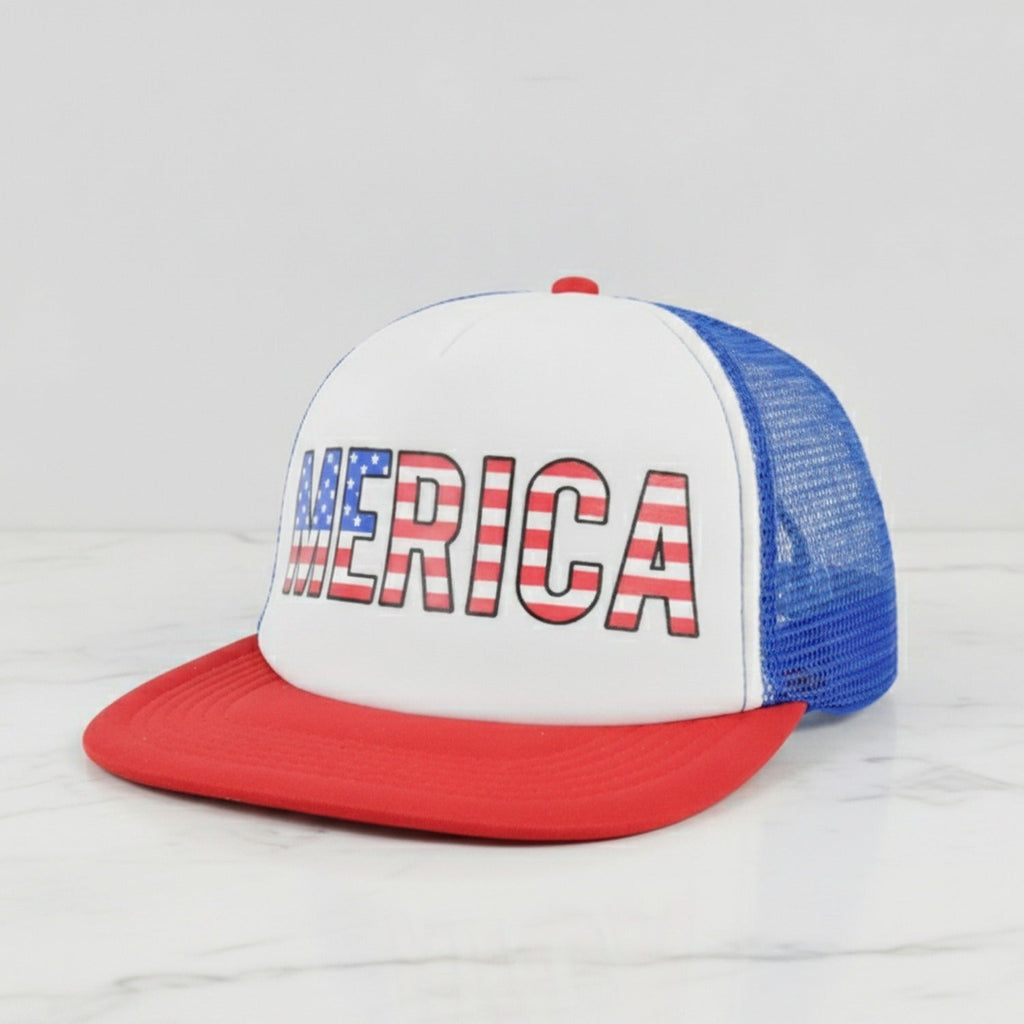 Geometric Snapback Cap With Embroidered Logo - Red White & Blue Mesh
