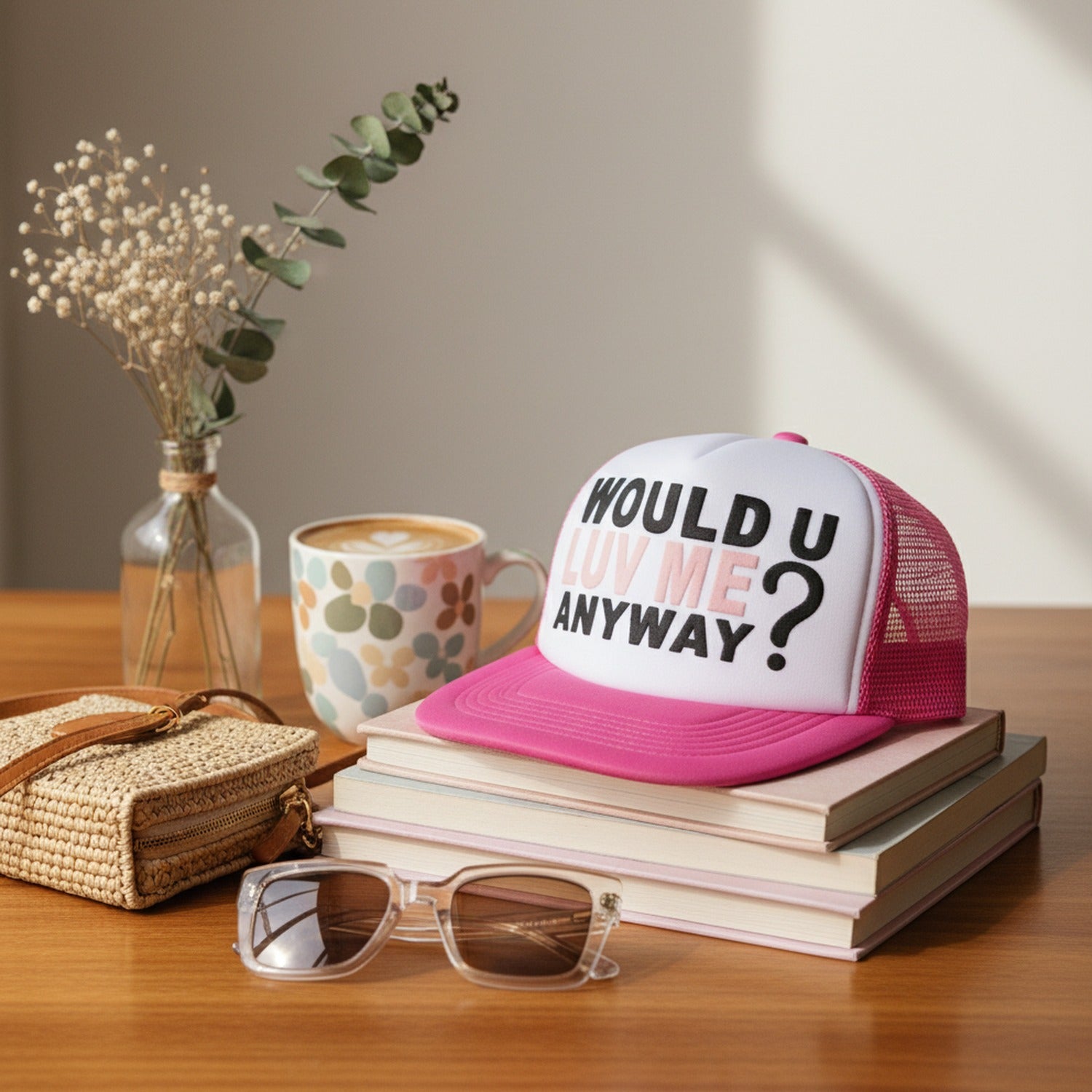 Pink Mesh Trucker Cap With White Front Panel