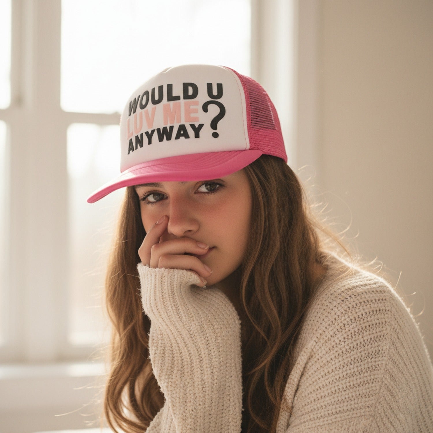 Pink Mesh Trucker Cap With White Front Panel