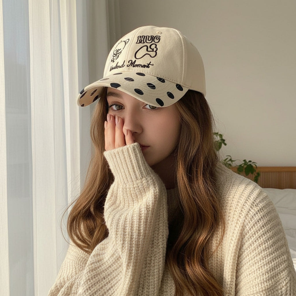 Cream Bear Hug Polka Dot Baseball Cap