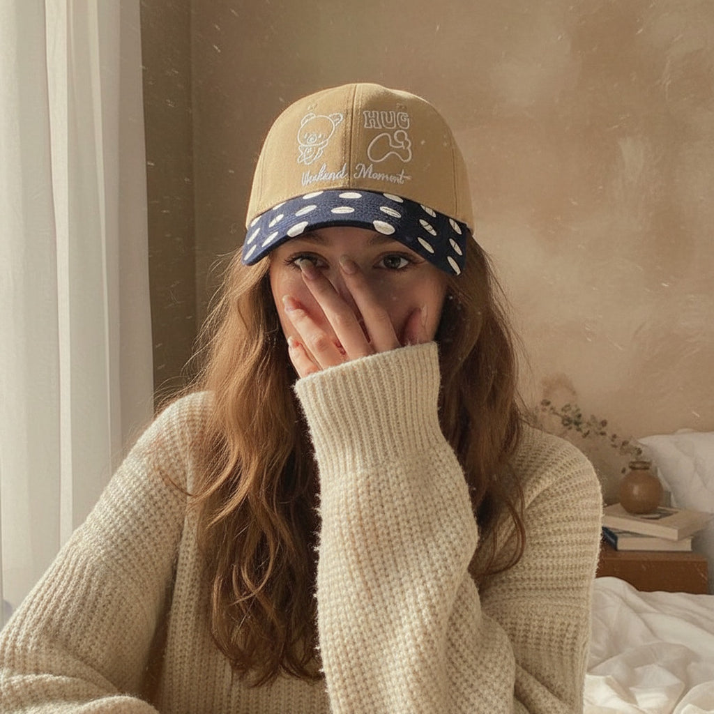 Cream Bear Hug Polka Dot Baseball Cap