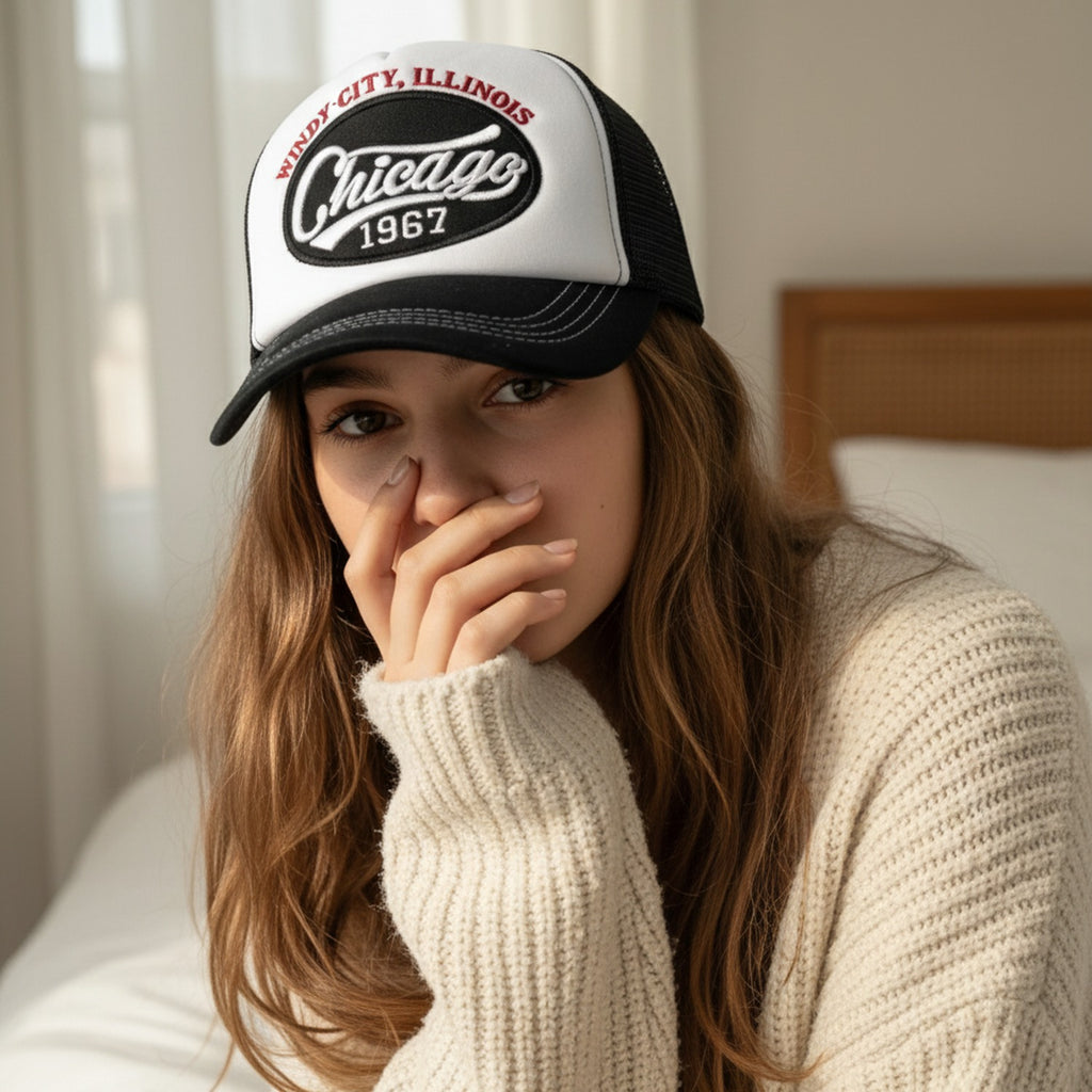 Chicago Windy City Trucker Cap Black White