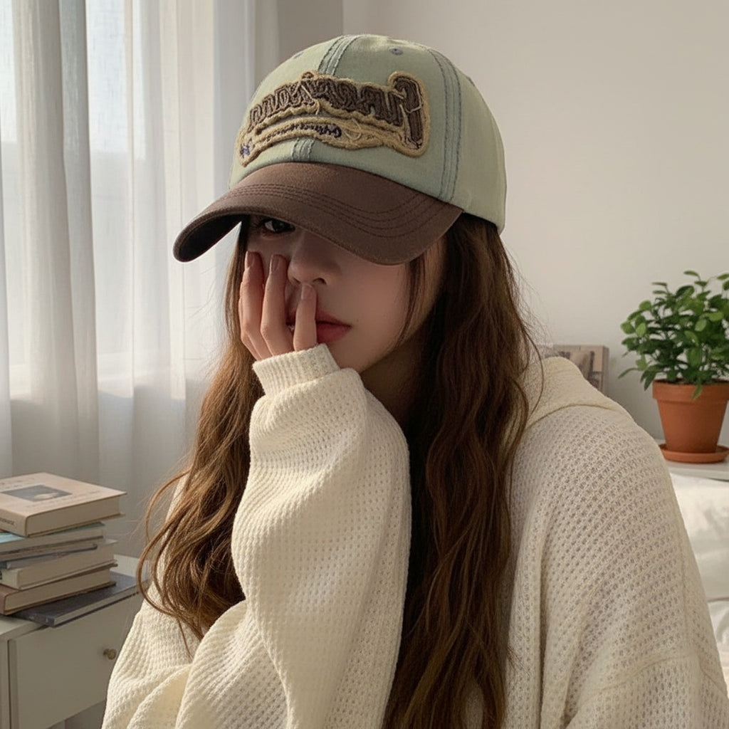 Vintage Two-Tone Baseball Cap With Embroidered Fish Badge