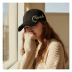 Black Distressed Baseball Cap With Script Embroidery