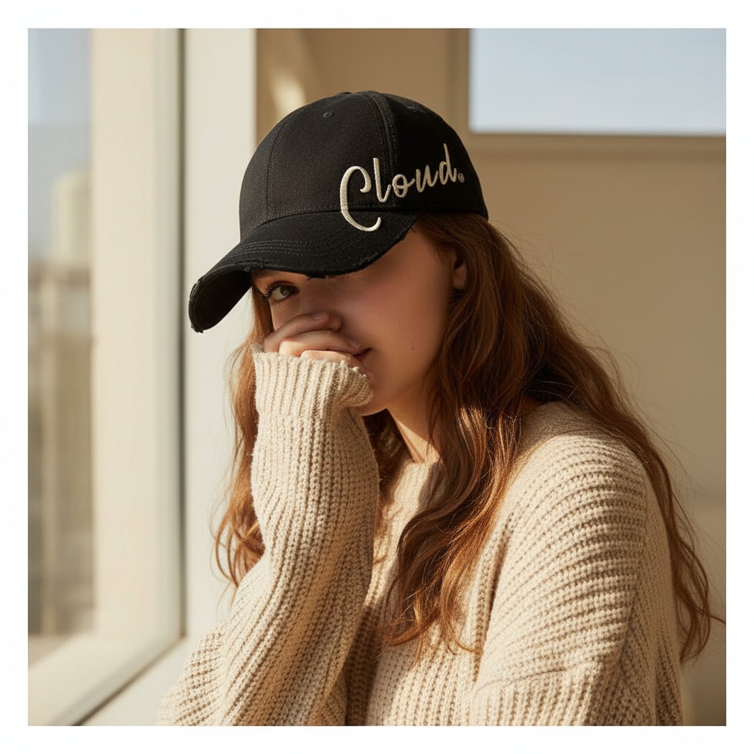 Black Distressed Baseball Cap With Script Embroidery