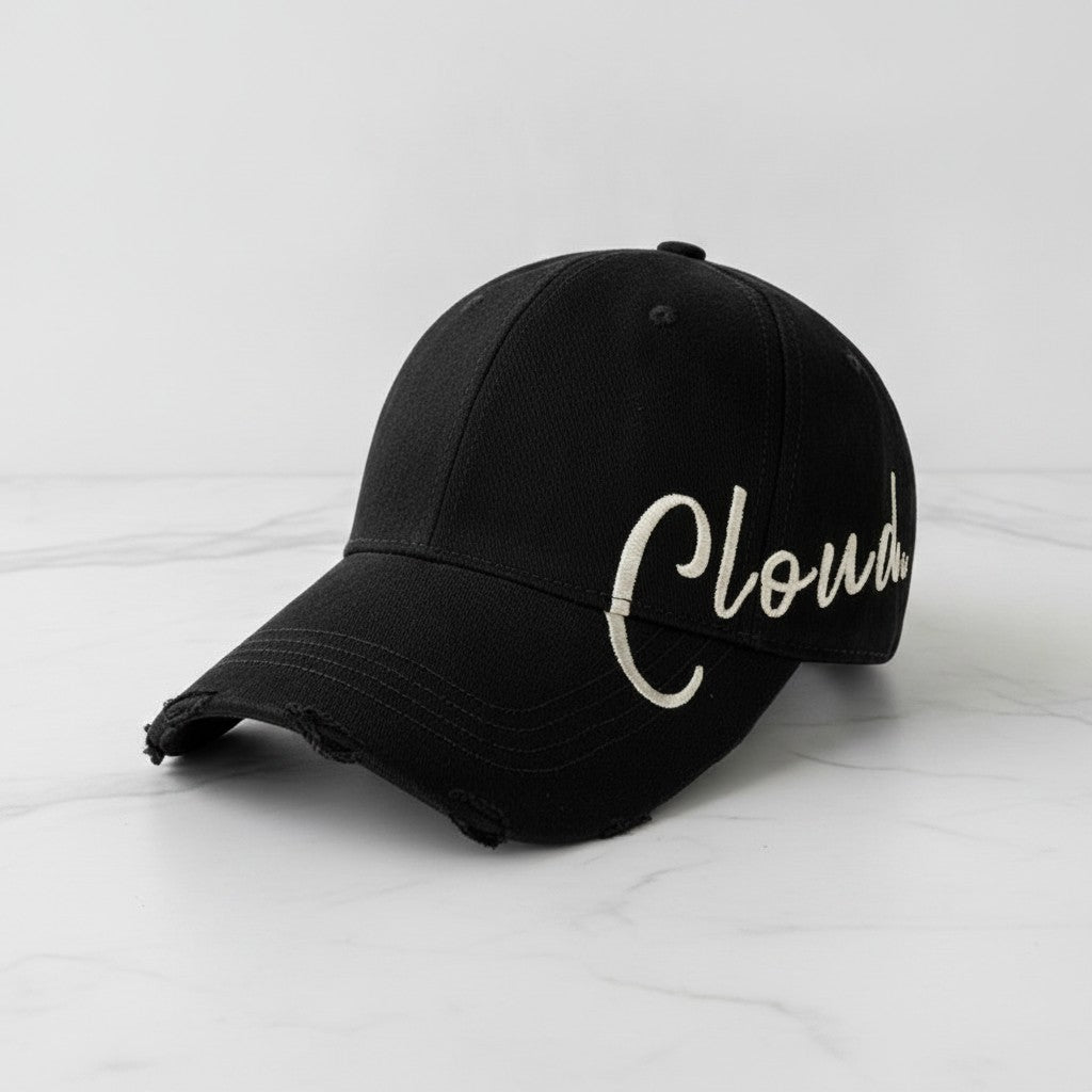 Distressed Baseball Cap with Script Embroidery - Black – apparel accessories (view 5)