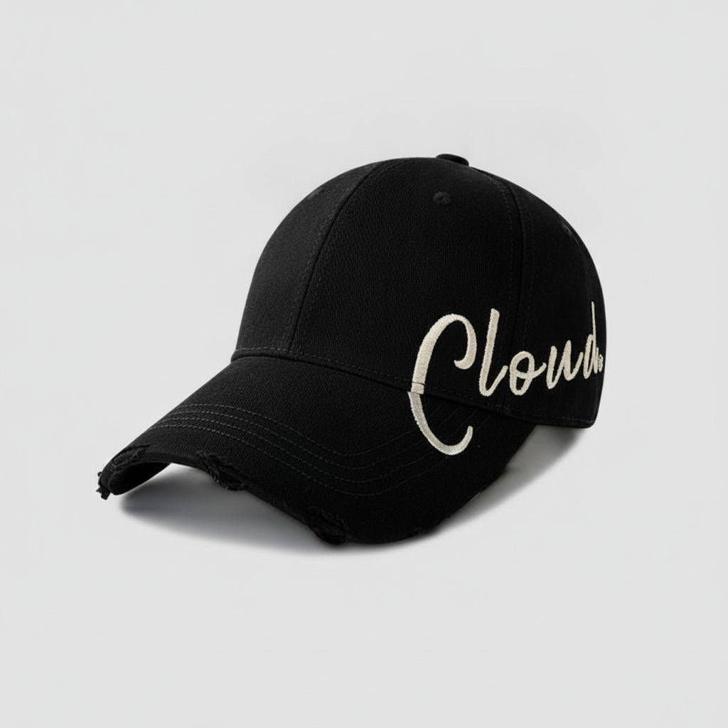 Distressed Baseball Cap with Script Embroidery - Black – apparel accessories (view 1)
