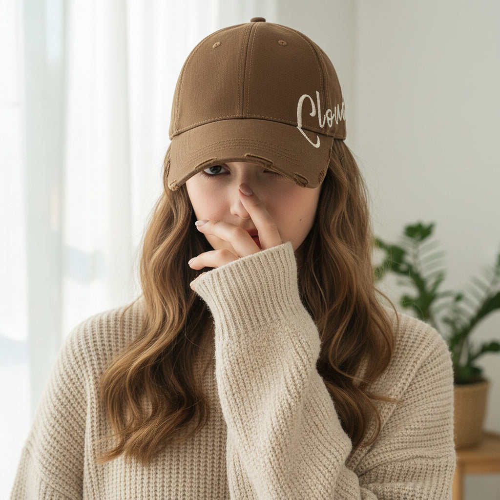 Black Distressed Baseball Cap With Script Embroidery