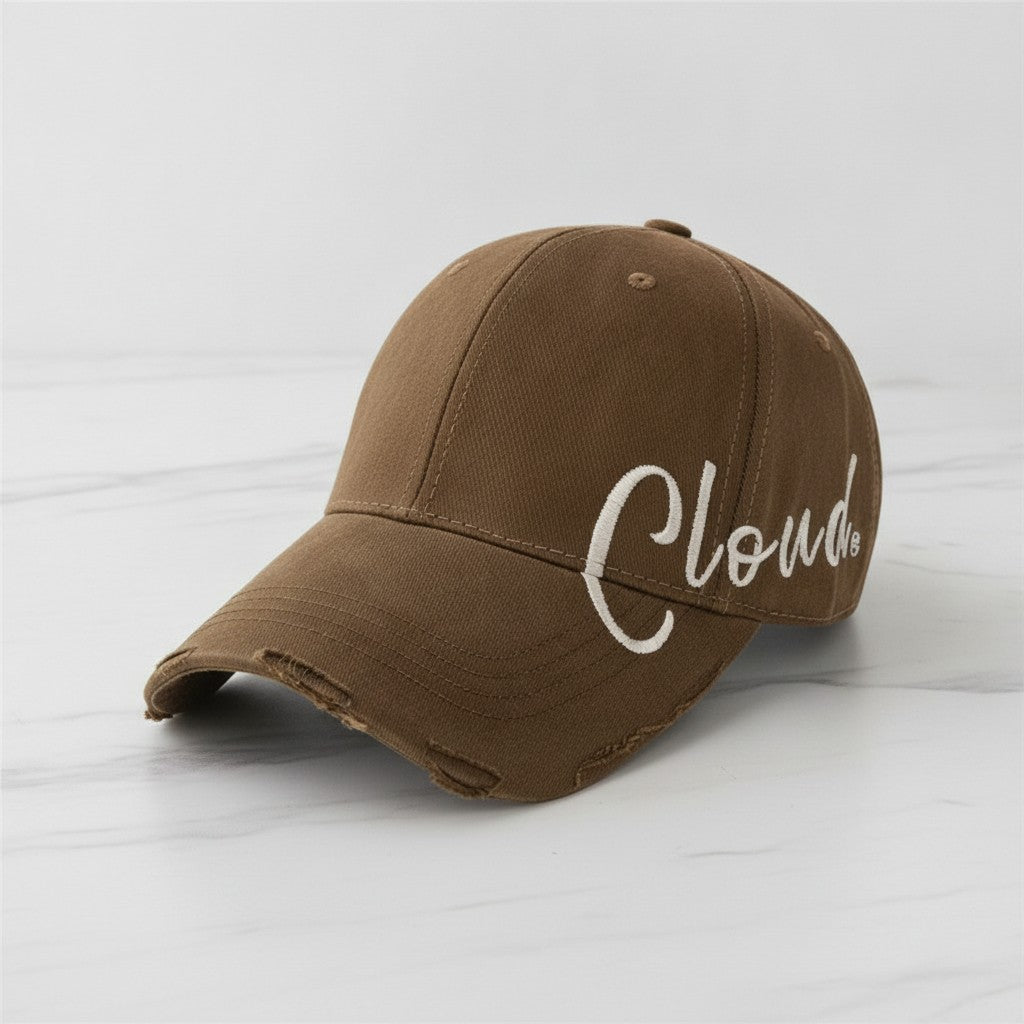 Distressed Baseball Cap with Script Embroidery - Brown – apparel accessories (view 4)