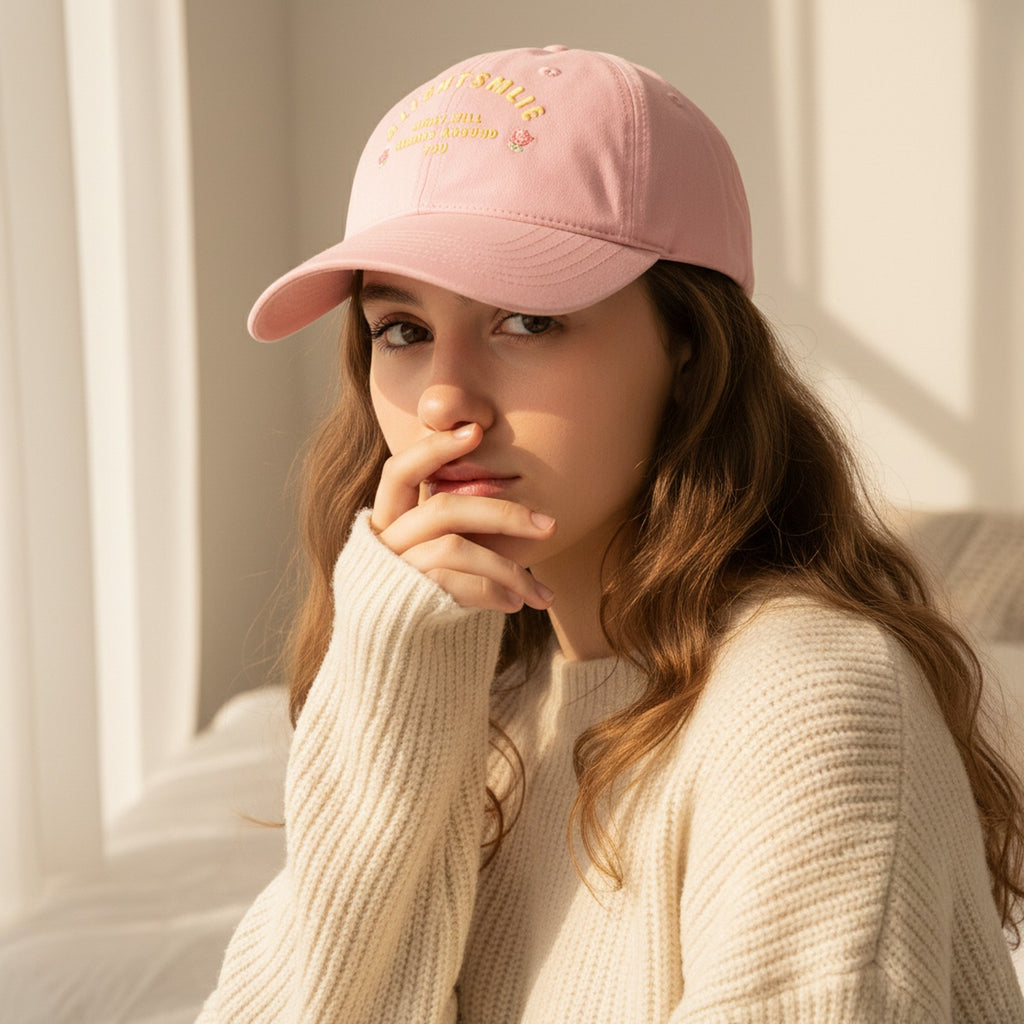 Pink Embroidered Rose Baseball Cap