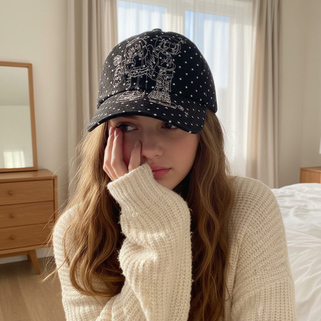 Black Polka Dot Baseball Cap with Anime Girl Graphic