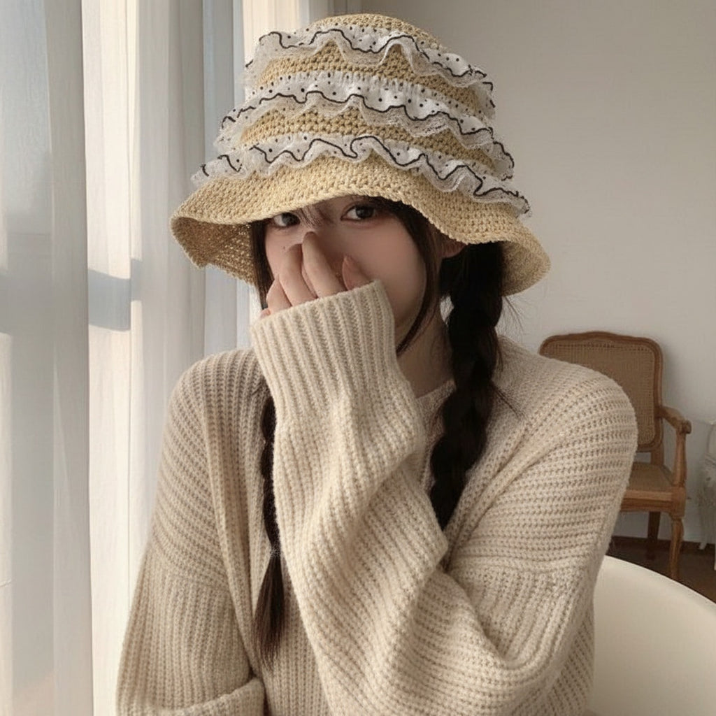 Wavy Ruffle Knit Bucket Hat With Lace Trim