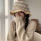 Wavy Ruffle Knit Bucket Hat With Lace Trim