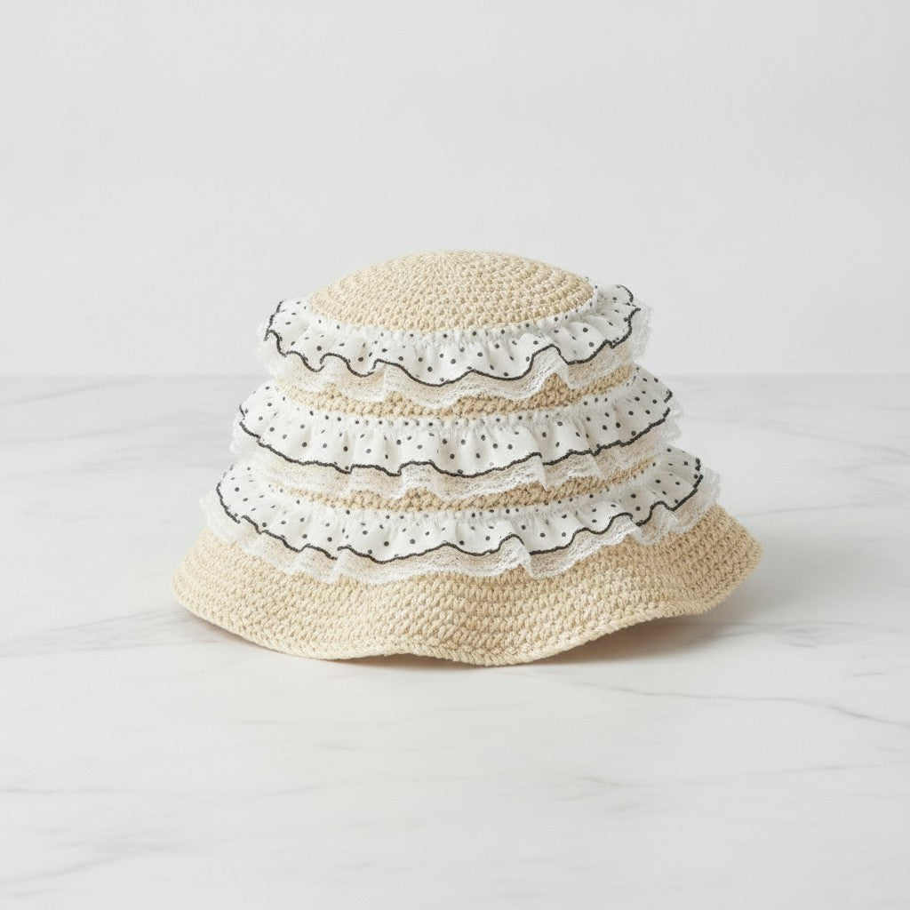 Wavy Ruffle Knit Bucket Hat With Lace Trim