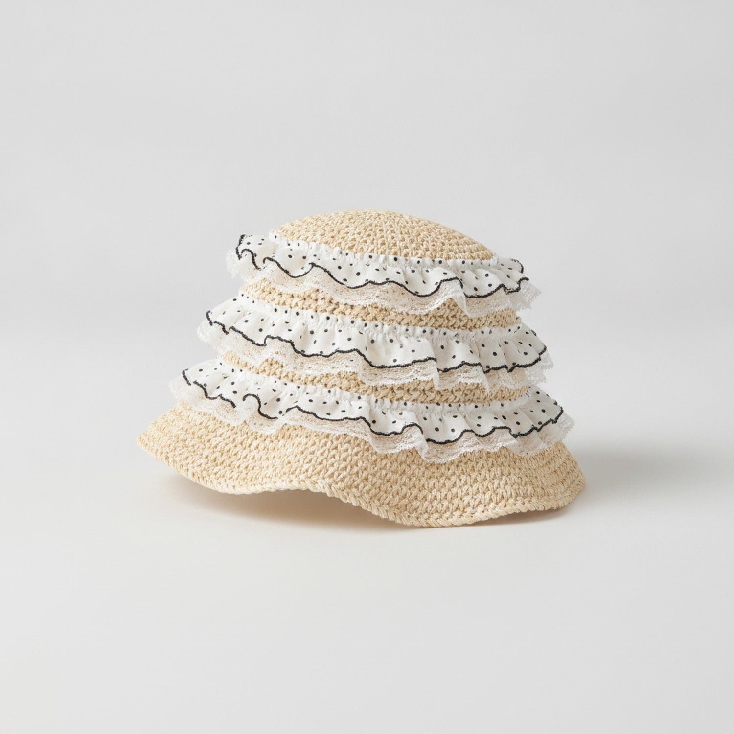 Wavy Ruffle Knit Bucket Hat With Lace Trim
