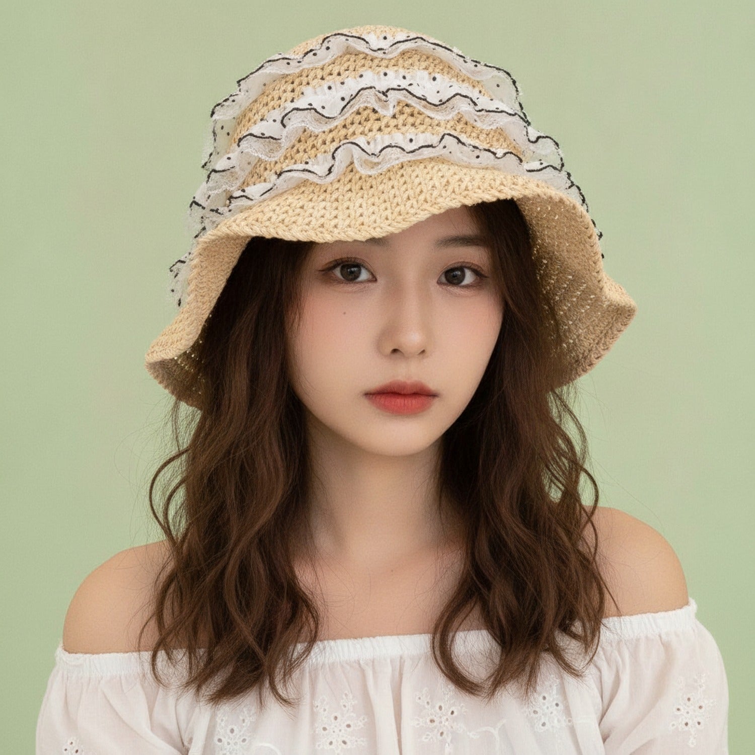 Wavy Ruffle Knit Bucket Hat With Lace Trim