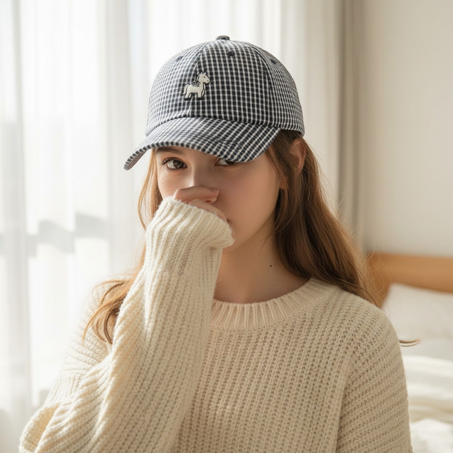Blue Gingham Check Cap With Horse Emblem