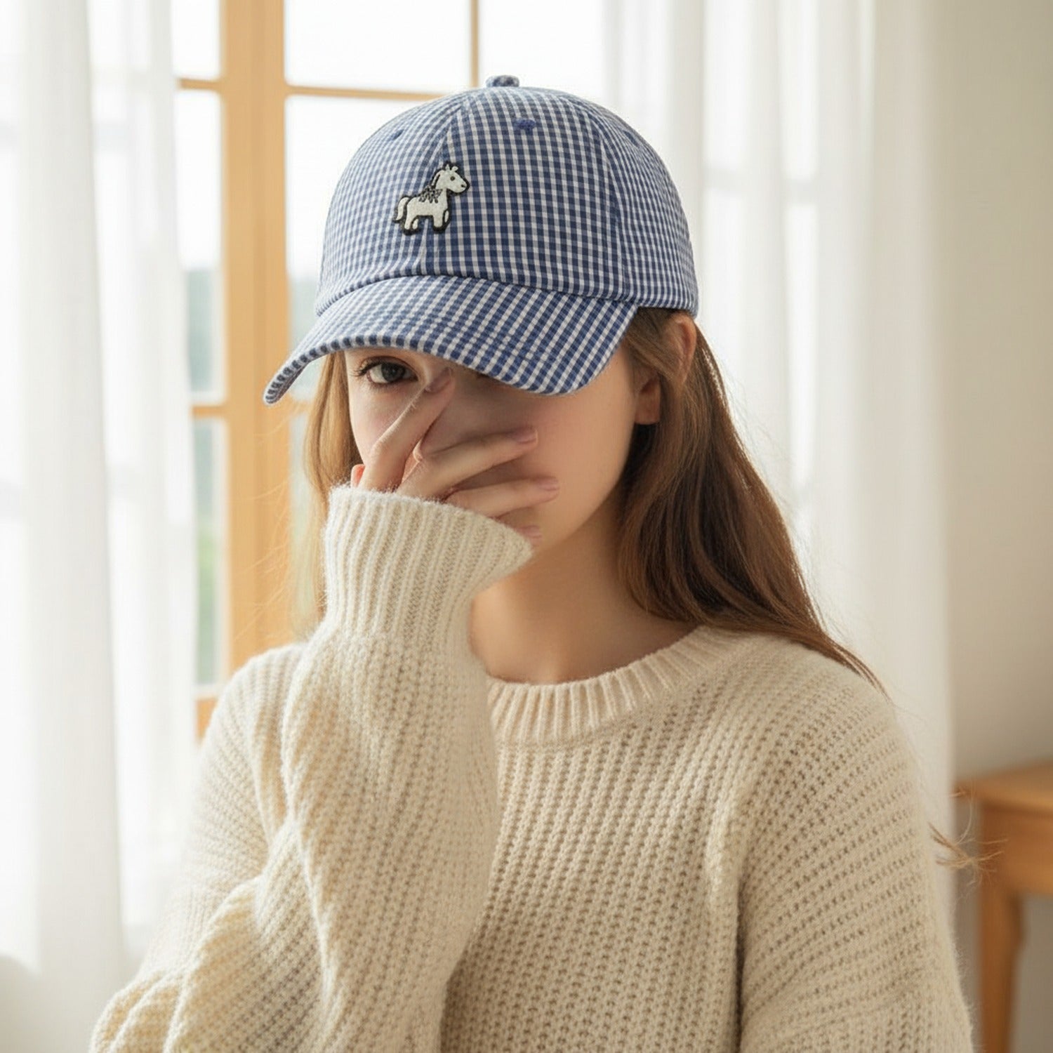 Blue Gingham Check Cap With Horse Emblem