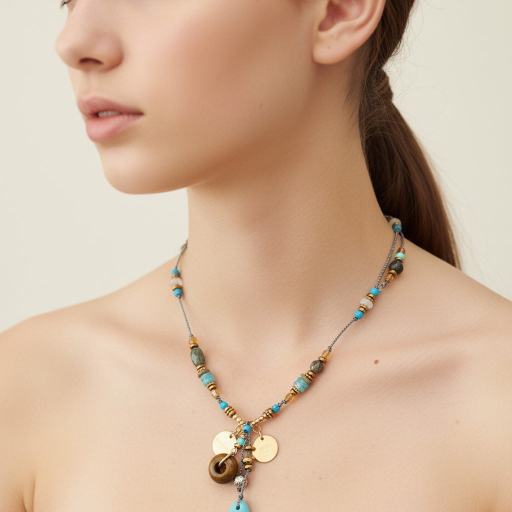 Turquoise Beaded Charm Pendant Necklace