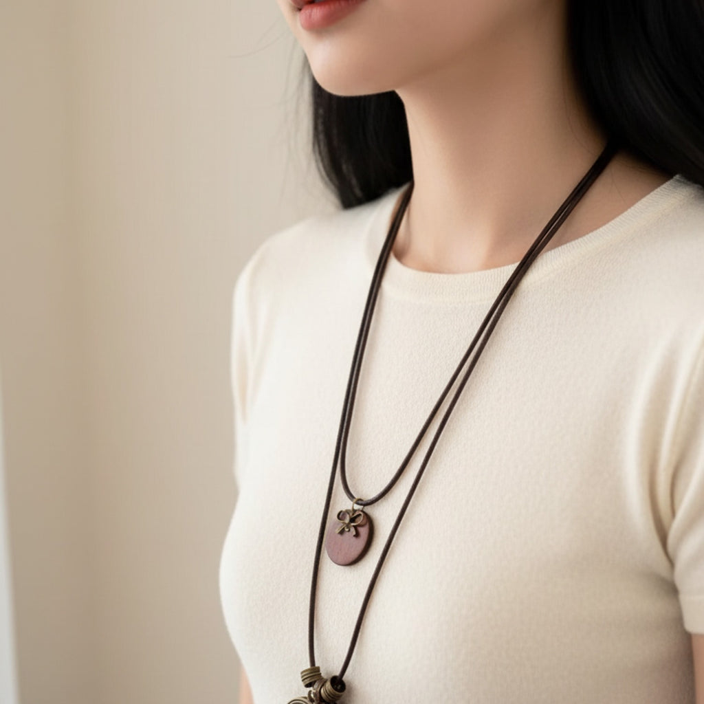Brown Leather Double Pendant Charm Necklace