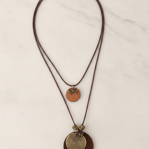 Brown Leather Double Pendant Charm Necklace