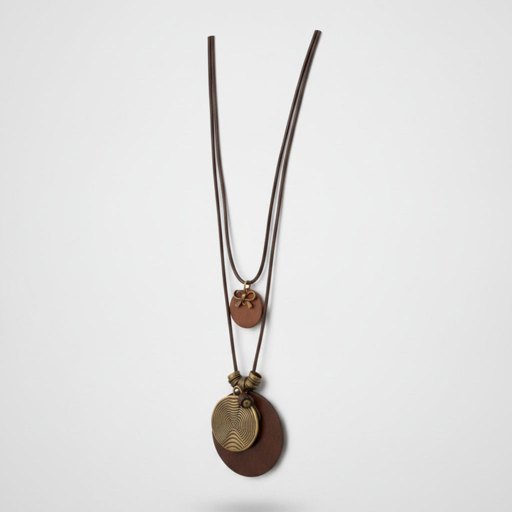 Brown Leather Double Pendant Charm Necklace – jewelry (view 1)