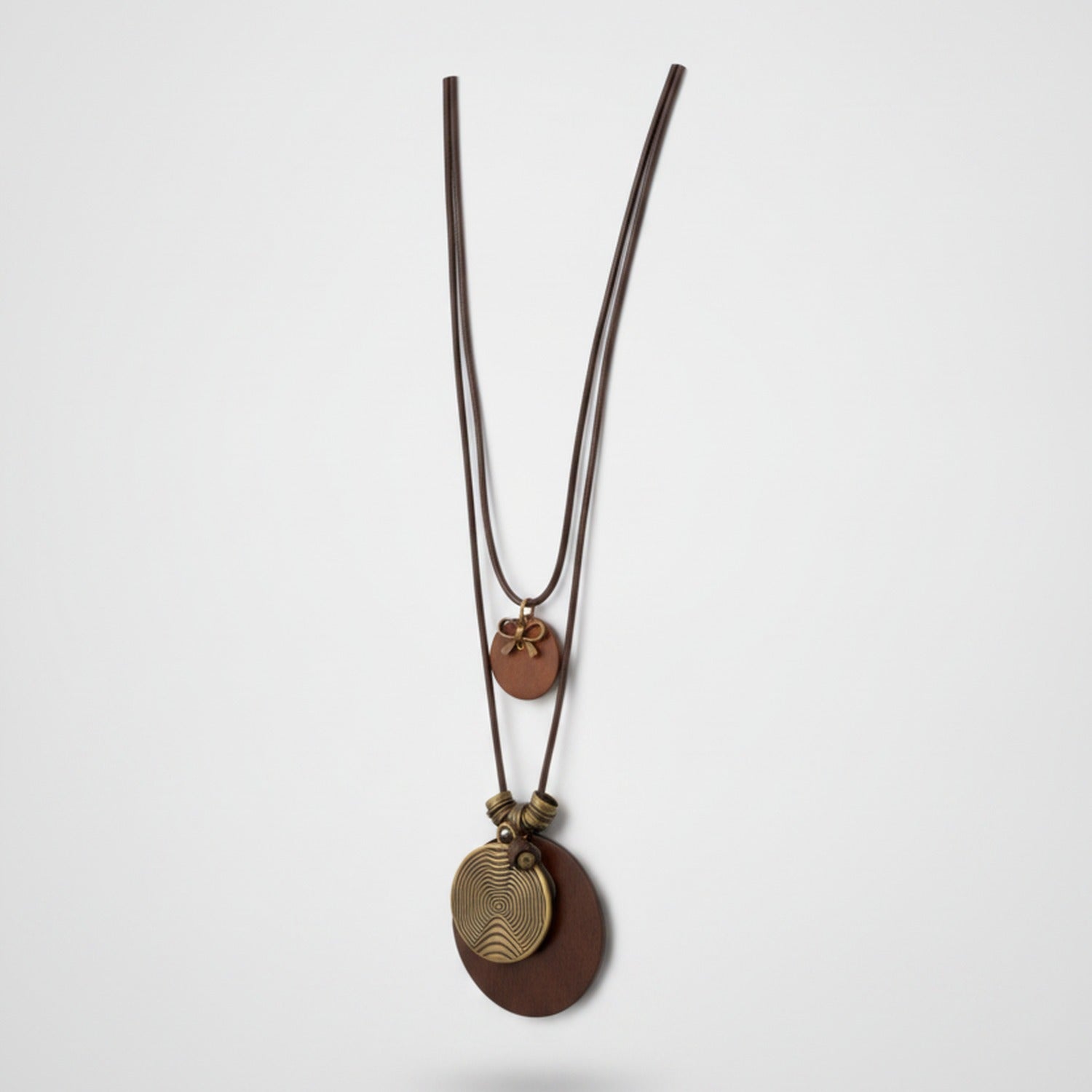 Brown Leather Double Pendant Charm Necklace