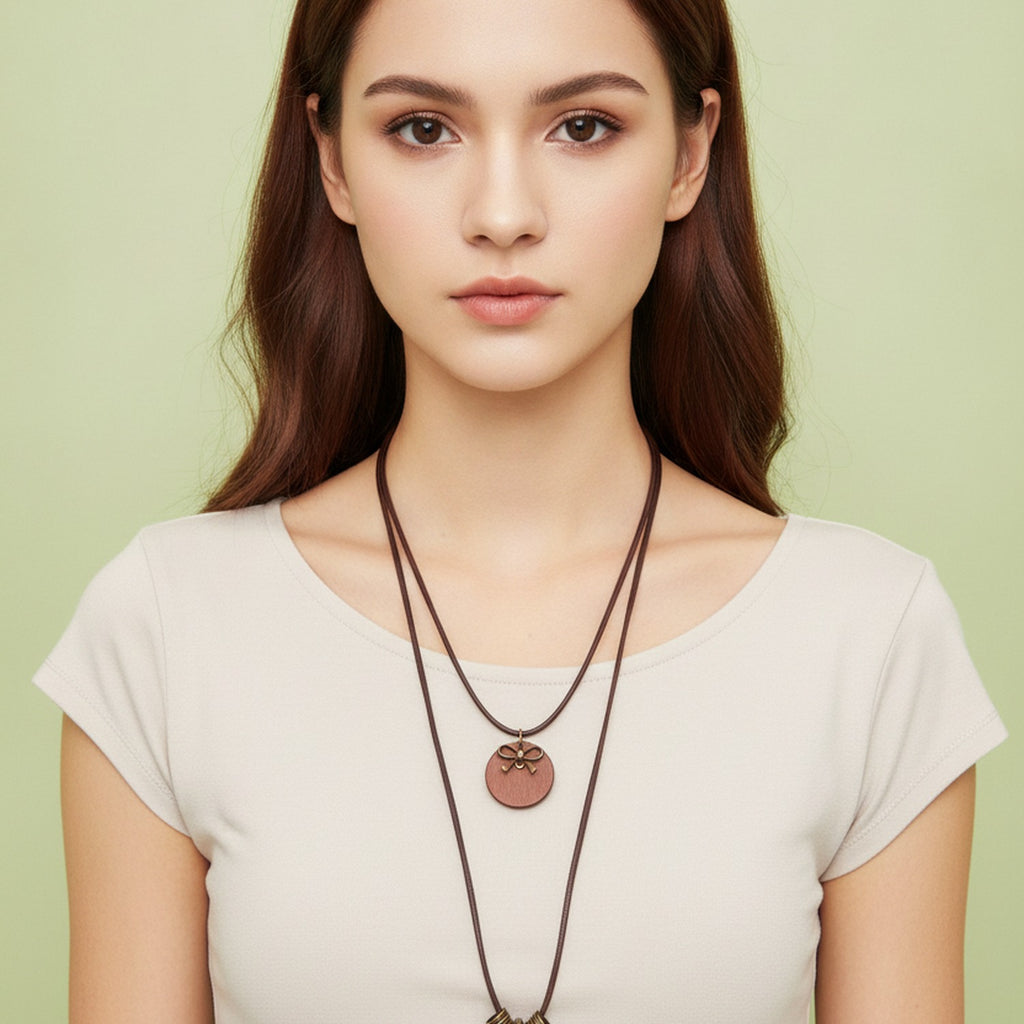 Brown Leather Double Pendant Charm Necklace – jewelry (view 3)