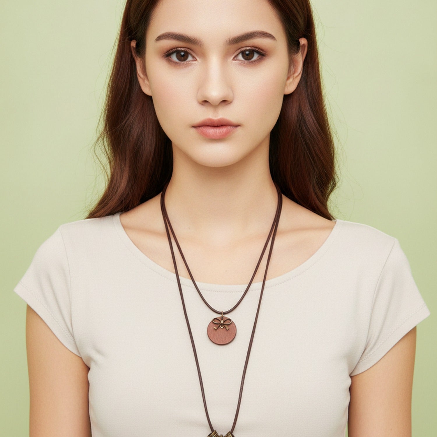 Brown Leather Double Pendant Charm Necklace