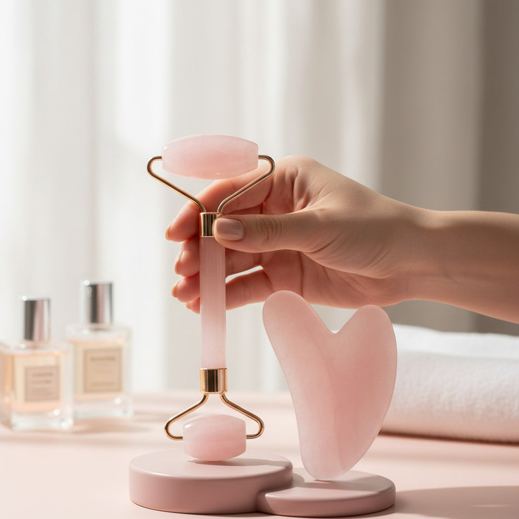 Rose Quartz Heart-Shaped Face Roller Set – Korean beauty tool (view 3)
