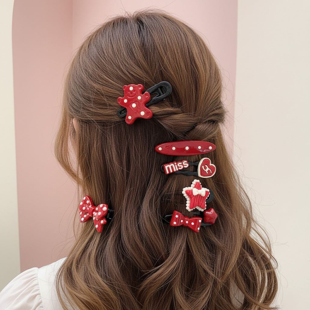 Red Polka Dot Star Heart Hair Clips Set