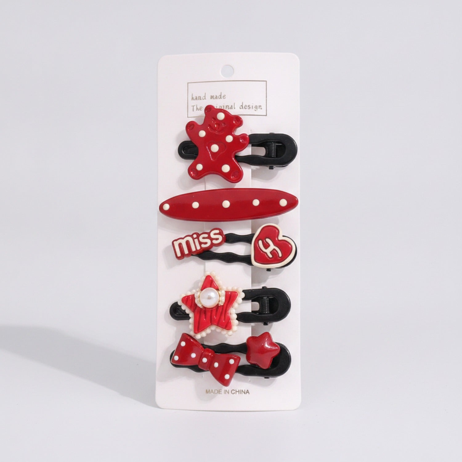 Red Polka Dot Star Heart Hair Clips Set