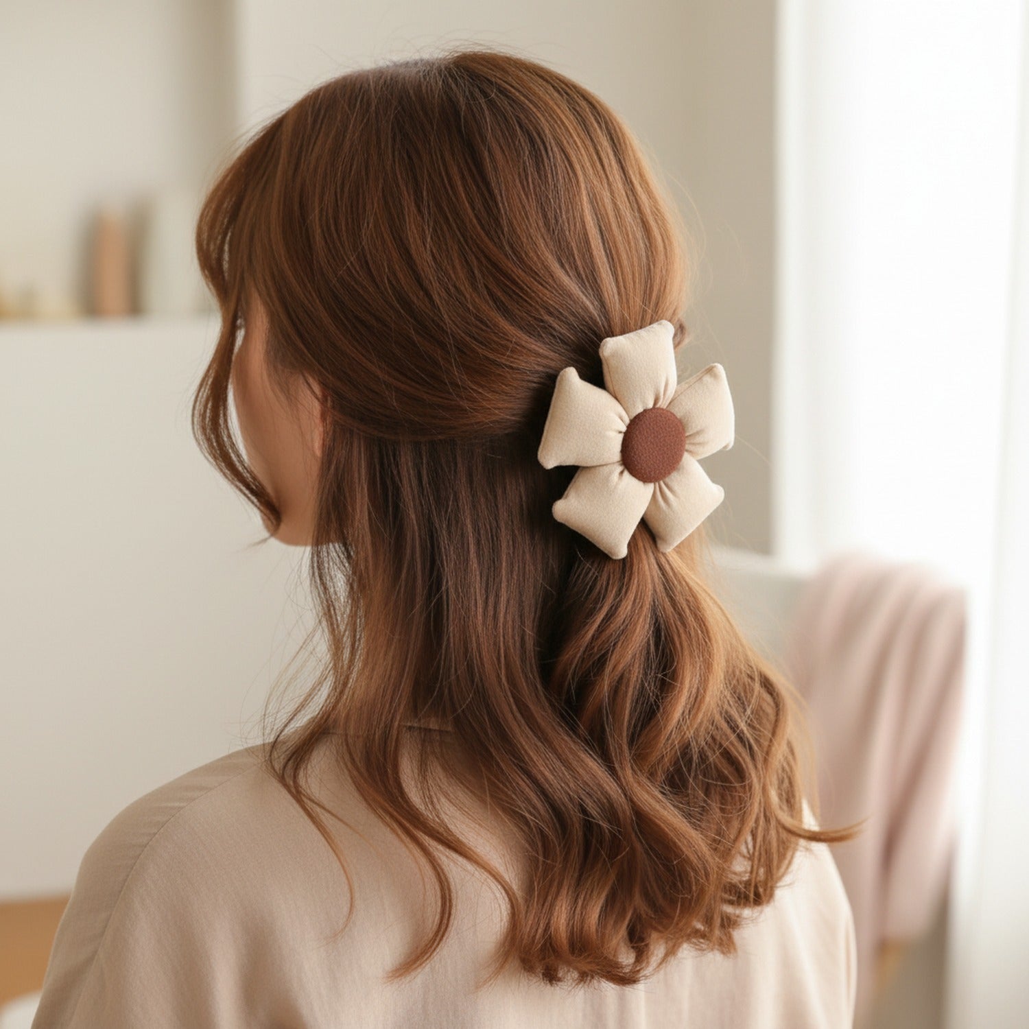 Beige Fabric Flower Hair Clip With Rust Center