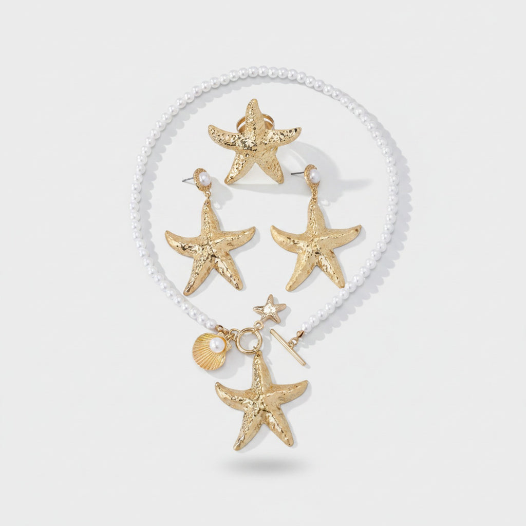 Pearl Beaded Starfish Gold Jewelry Set Ring
