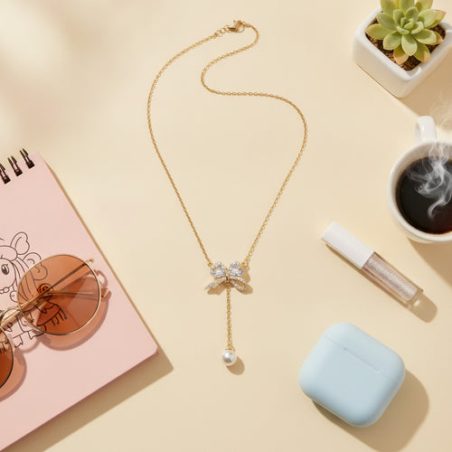 Bow Pearl Drop Chain Necklace Gold