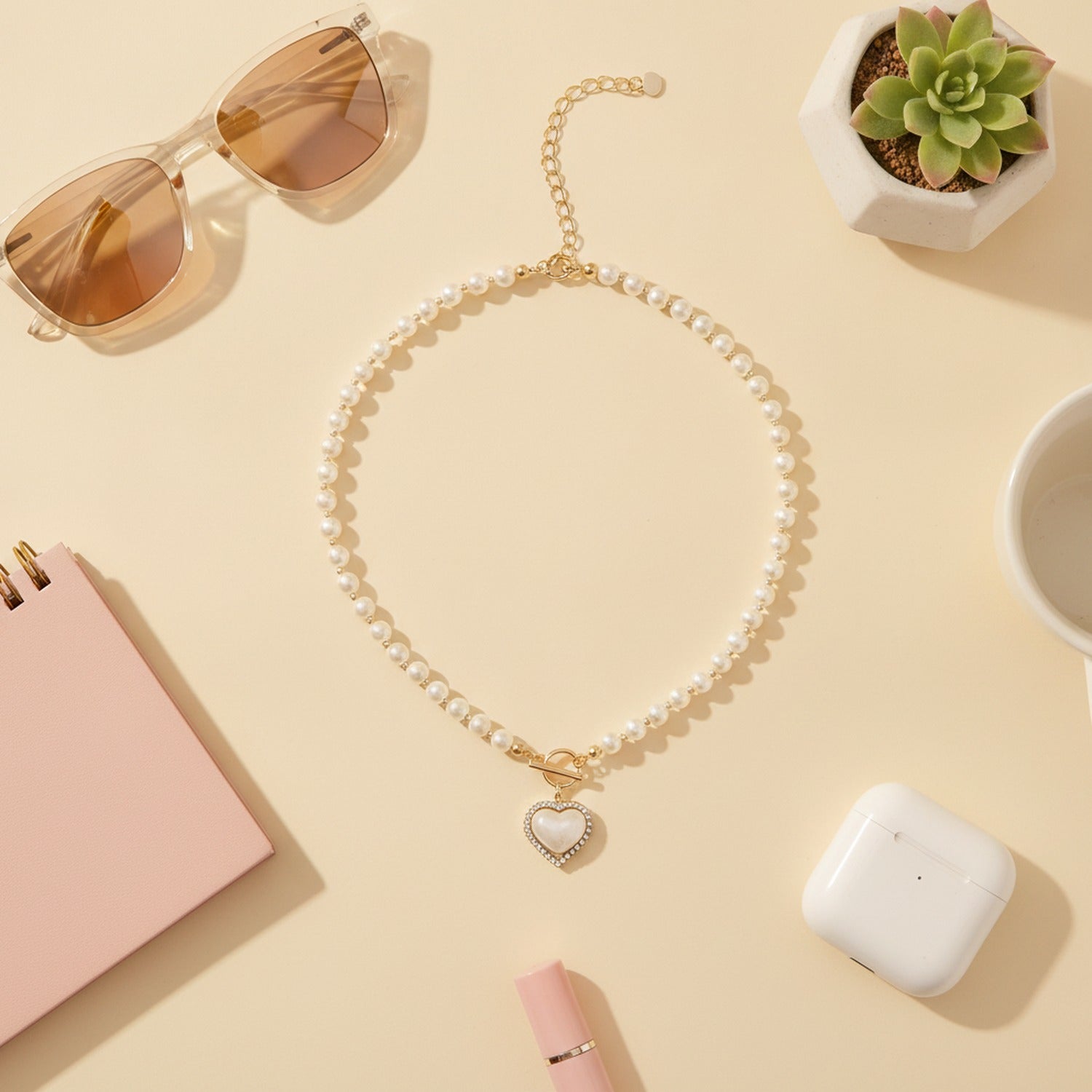 Pearl Heart Charm Necklace with Toggle Clasp