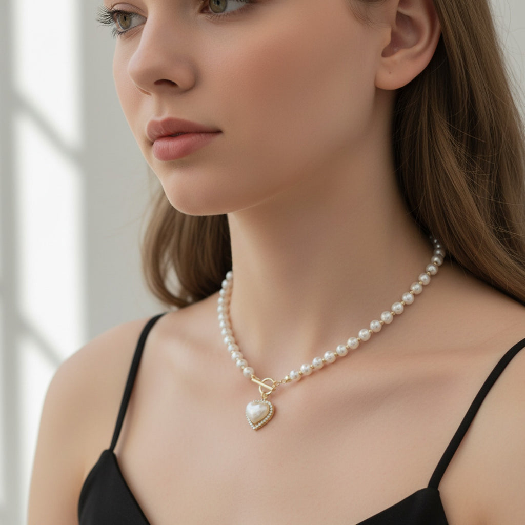 Pearl Heart Charm Necklace with Toggle Clasp
