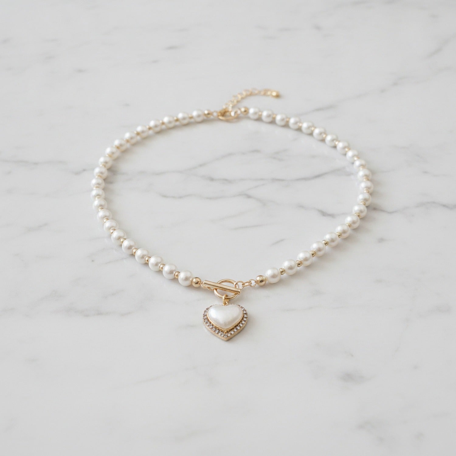 Pearl Heart Charm Necklace with Toggle Clasp